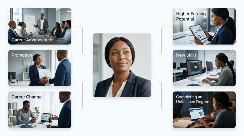 a central adult learner surrounded by six visual pathways representing common motivations: Career Advancement → Promotion → Career Change → Higher Earning Potential → New Skills → Completing an Unfinished Degree Each pathway should lead to a different realistic scene — a promotion meeting, new career role, professional certificate, university coursework, etc. Make it feel like a career decision map, showing that returning to education can happen for very different reasons.