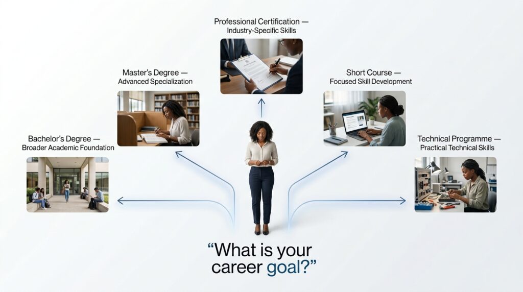 a sophisticated decision-tree visual starting with: “What is your career goal?” The path then branches into: Bachelor's Degree | Master's Degree | Professional Certification | Short Course | Technical Programme