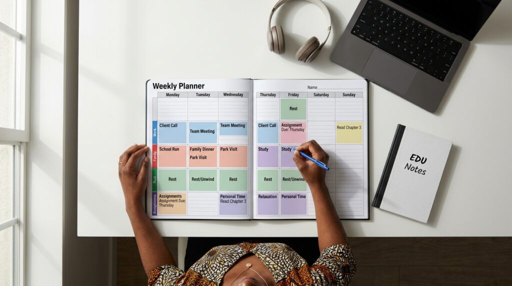 a top-down or isometric view of a weekly calendar transformed into a productivity system. Different blocks represent Work, Family, Study, Rest, Assignments and Personal Time. Show an adult learner actively protecting specific study blocks while still maintaining work and personal commitments. Add small elements such as reminders, deadlines, headphones, laptop, notebook and calendar notifications. The visual message should be that flexibility is about structuring education around existing responsibilities — not making education effortless.