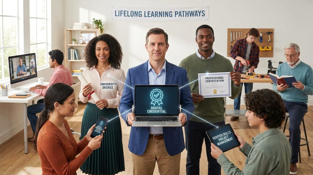 Show a diverse group of students and working professionals building their career profiles through different forms of education. In the centre, show a professional holding a digital credential/badge on a laptop or phone, with other credentials such as professional certification, micro-credential, degree and verified skills connected around them. The image should communicate that micro-credentials add focused skills to a person's existing education and experience.