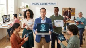 Show a diverse group of students and working professionals building their career profiles through different forms of education. In the centre, show a professional holding a digital credential/badge on a laptop or phone, with other credentials such as professional certification, micro-credential, degree and verified skills connected around them. The image should communicate that micro-credentials add focused skills to a person's existing education and experience.