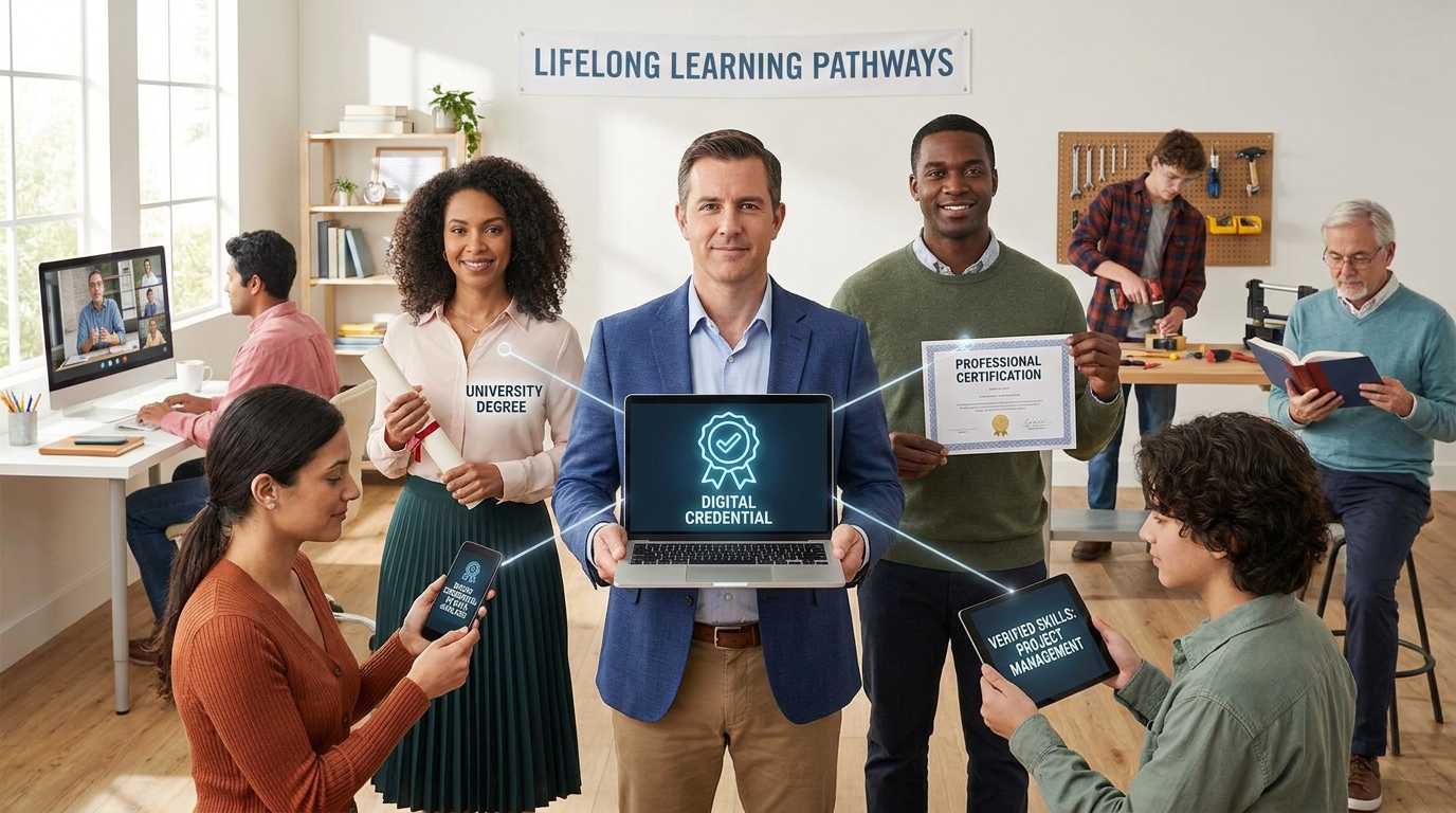 Show a diverse group of students and working professionals building their career profiles through different forms of education. In the centre, show a professional holding a digital credential/badge on a laptop or phone, with other credentials such as professional certification, micro-credential, degree and verified skills connected around them. The image should communicate that micro-credentials add focused skills to a person's existing education and experience.