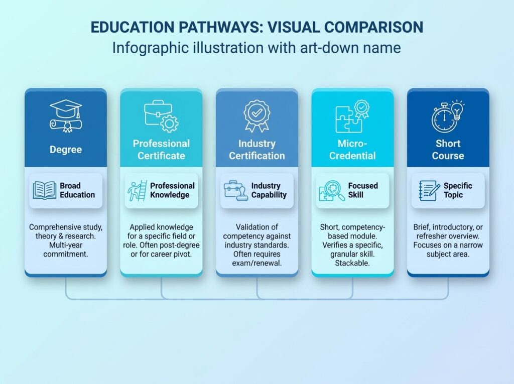 a clean visual comparison showing Degree, Professional Certificate, Industry Certification, Micro-Credential and Short Course as different education pathways. Give each one a different visual card with a simple indication of its purpose, such as broad education, professional knowledge, industry capability, focused skill, or specific topic.
