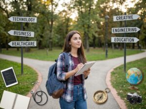 a young adult standing at a career crossroads, with several realistic career directions ahead — technology, business, healthcare, creative work, engineering, education and other professional fields. Around the person, subtly show their interests, strengths, skills, values and career opportunities as clues helping them choose a direction. The image should communicate exploration rather than confusion — you don't need to know the perfect career immediately; you need to start narrowing down the right direction.