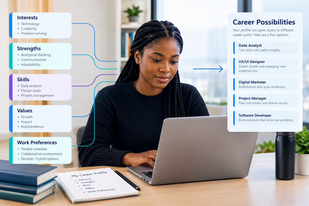 a person creating a personal career profile on a laptop or notebook. Around them, display five areas: Interests | Strengths | Skills | Values | Work Preferences Connect these to different career possibilities. Keep the visual practical and reflective rather than motivational.