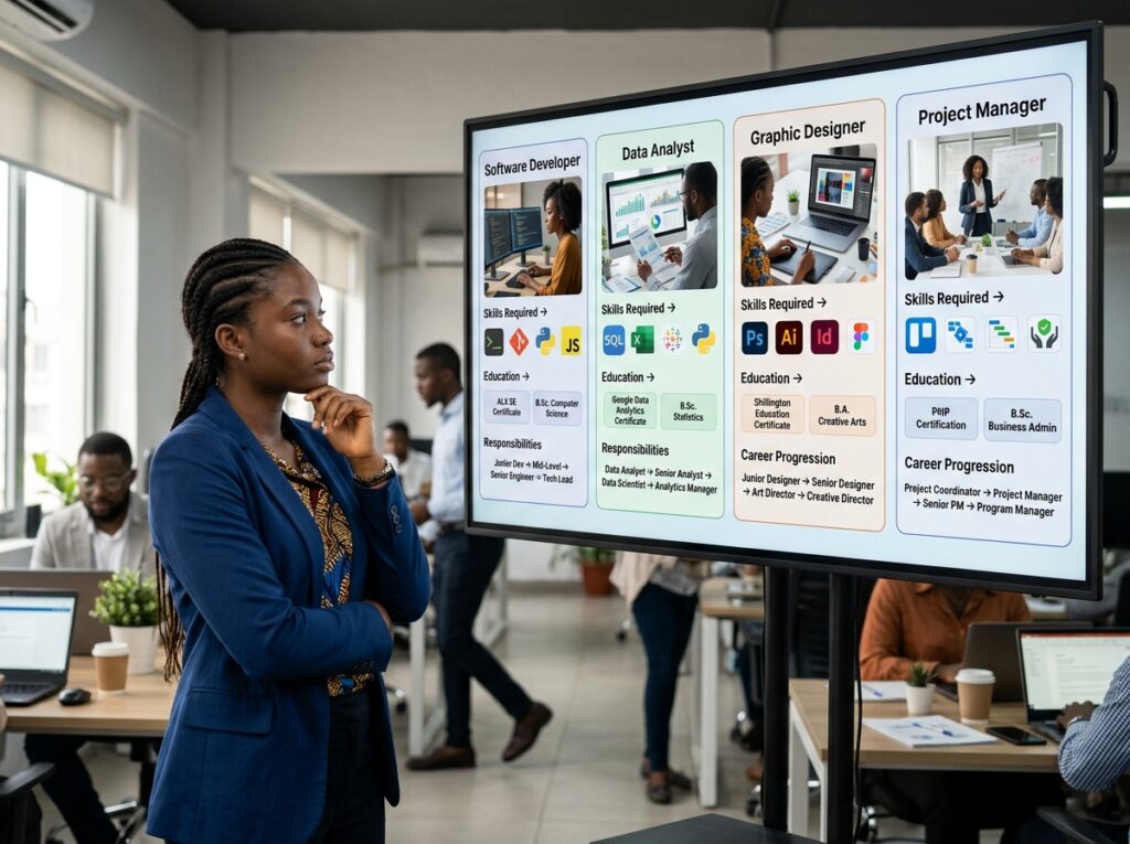 a career exploration board showing 3–5 different career options. For each option, show: Job Role → Skills Required → Education → Responsibilities → Career Progression A person should be comparing the options before choosing one. The visual should show that career decisions require research, not just choosing an attractive job title.