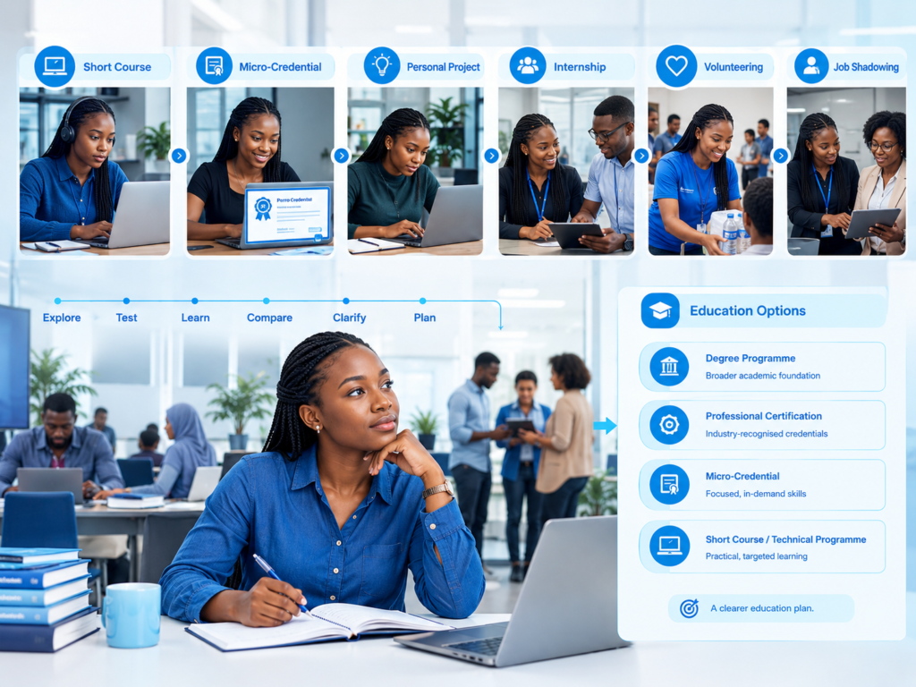 a person exploring a potential career through several low-risk experiences: Short Course | Micro-Credential | Personal Project | Internship | Volunteering | Job Shadowing These experiences should lead toward a clearer career direction. The idea is to show “try before you fully commit.”