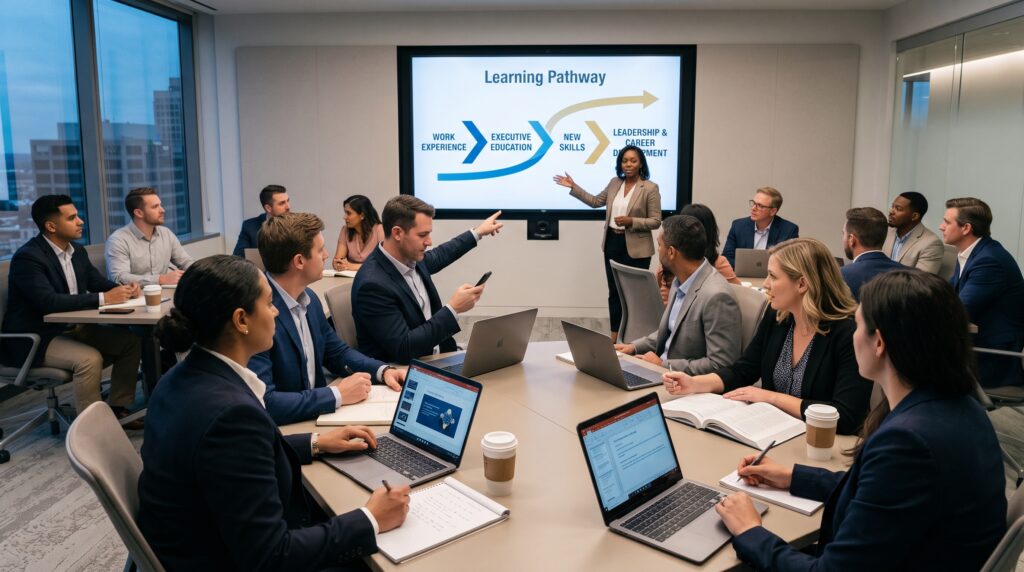 a sophisticated global professional-learning scene showing a diverse group of working professionals from different backgrounds transitioning between their careers and education. Show professionals in business attire with subtle elements of an executive classroom, digital learning screens, notebooks, and career-related visuals. In the centre, create a visual pathway connecting Work Experience → Executive Education → New Skills → Leadership & Career Development. The image should communicate that professionals can continue learning without stepping away from their careers. executive education