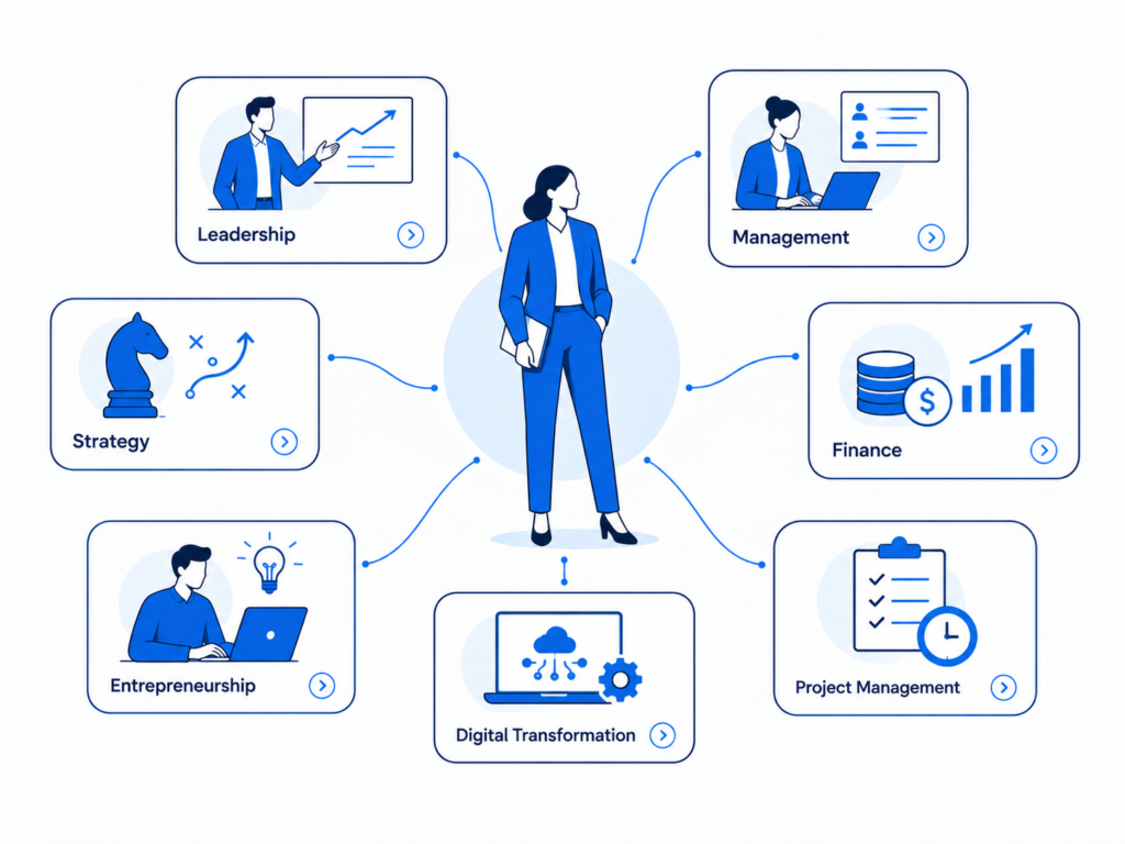 a dynamic “learning menu” concept around a professional standing in the centre. Surround them with distinct learning modules represented by visual objects: Leadership, Management, Strategy, Finance, Entrepreneurship, Digital Transformation and Project Management. Each module should feel like a different pathway that the professional can choose based on their career goals. Use digital education interfaces and subtle business-school elements to make the visual feel modern. executive education