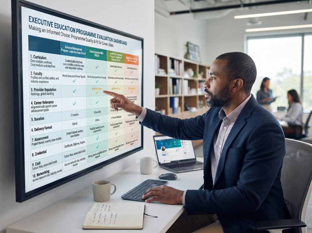 a decision-making visual showing a professional evaluating several executive education programmes on a large digital comparison interface. Include criteria such as Curriculum, Faculty, Provider Reputation, Career Relevance, Duration, Delivery Format, Assessment, Credential, Cost and Networking. Show the person comparing options rather than simply enrolling. The overall message should be about making an informed choice based on career goals, programme quality and practical fit. The brief specifically emphasises evaluating programmes rather than assuming certificates automatically guarantee career outcomes. executive education