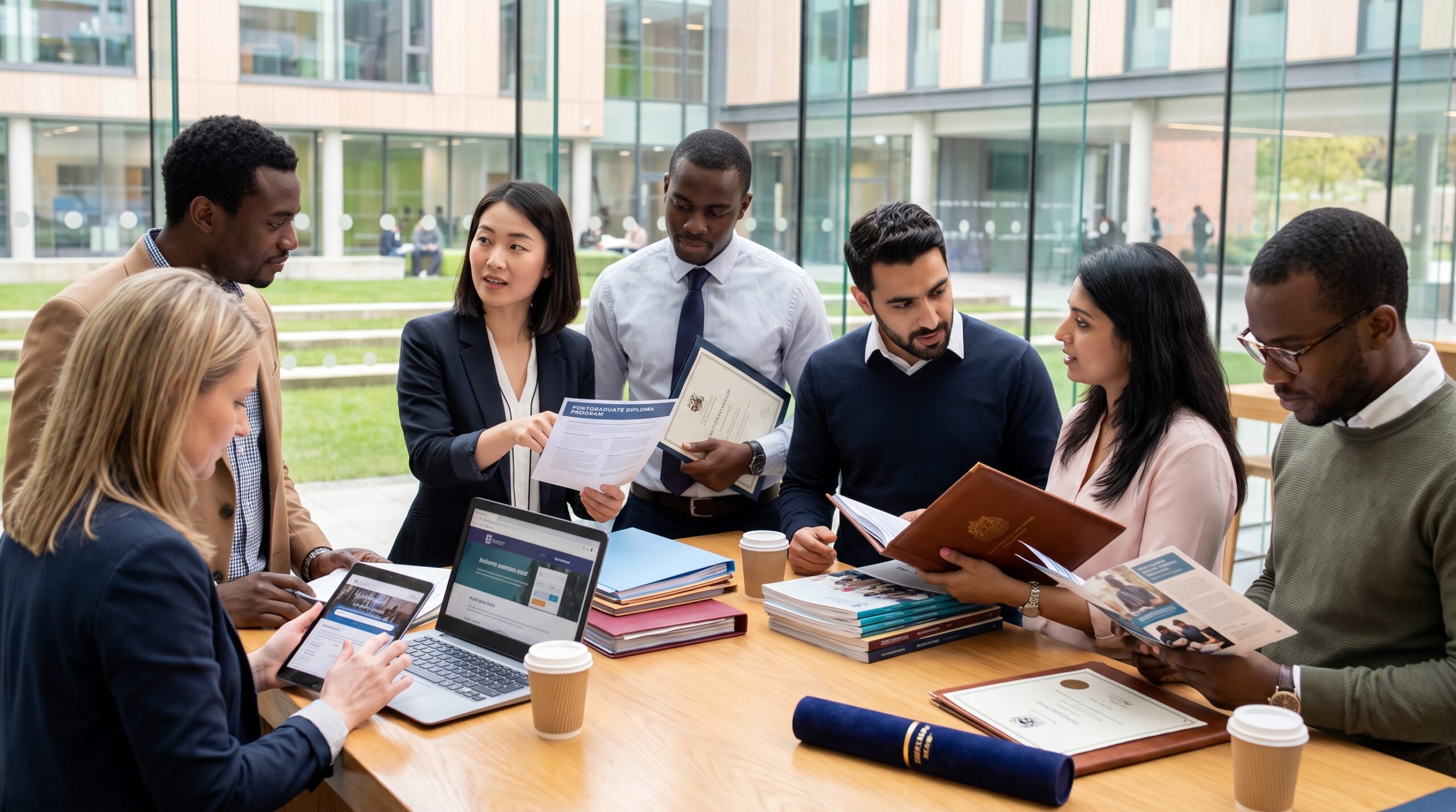 a modern global postgraduate education scene showing a diverse group of graduates and working professionals exploring postgraduate study options. Place a large visual pathway in the composition: Bachelor's Degree → Postgraduate Diploma → Career Development / Further Postgraduate Study. Include a digital university application interface, academic documents, certificate imagery and subtle campus elements. The visual should communicate that a PGD is a specialised postgraduate qualification and a possible pathway for further study, while making it clear that it is distinct from a master's degree. postgraduate diploma