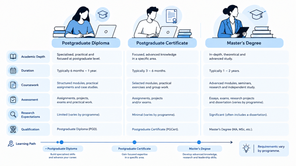 a sophisticated three-way comparison visual showing Postgraduate Diploma | Postgraduate Certificate | Master's Degree. Use three distinct academic pathways with visual differences in Academic Depth, Duration, Coursework, Assessment, Research Expectations and Qualification. Use a timeline and stacked learning-depth elements rather than simply putting three boxes side by side. The image should help viewers understand that these are different qualifications with different purposes, not a simple “better vs worse” hierarchy. postgraduate diploma